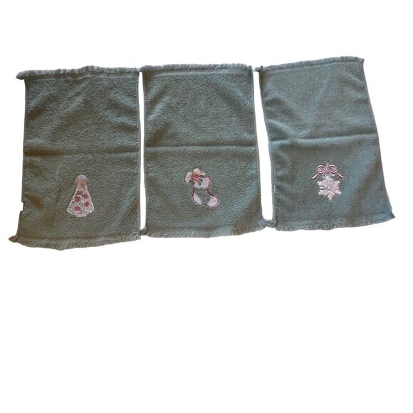VTG Christmas Holiday Hand Towels 100% Cotton Stitched Green Set of 3 Embroidery - Picture 10 of 16